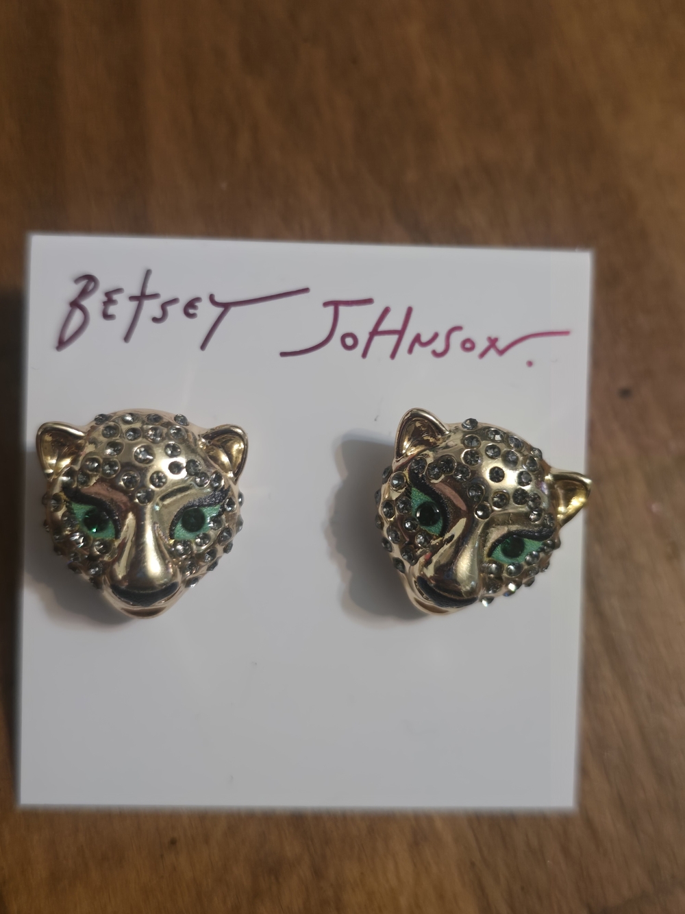Betsey Johnson Gold Leopard Head Crystal Stud Earrings with Green Eyes